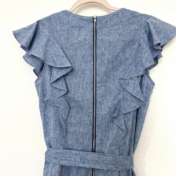 V by Violet Weekend Chambray Linen Blend Jumpsuit Ruffle Sleeve Blue 8 Coquette - Picture 5 of 8